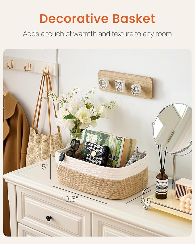 KALLAX Small Woven Basket, 13.5 x 9.5 x 5 Inches, Storage Basket for Organizing, Cute Small Rope Shelf Closet Cube Storage Bins Baskets for Shelves, Dog Toy Gift Baskets Empty, 3 Pack White & Brown-BubblyBeeBaby