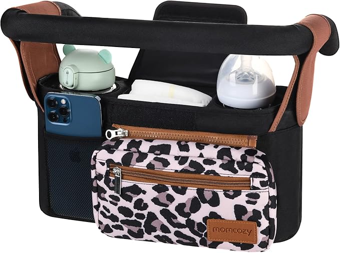 Momcozy Universal Stroller Organizer with Insulated Cup Holder Detachable Phone Bag & Shoulder Strap, Fits for Stroller like Uppababy, Baby Jogger, Britax, BOB, Umbrella and Pet Stroller-BubblyBeeBaby