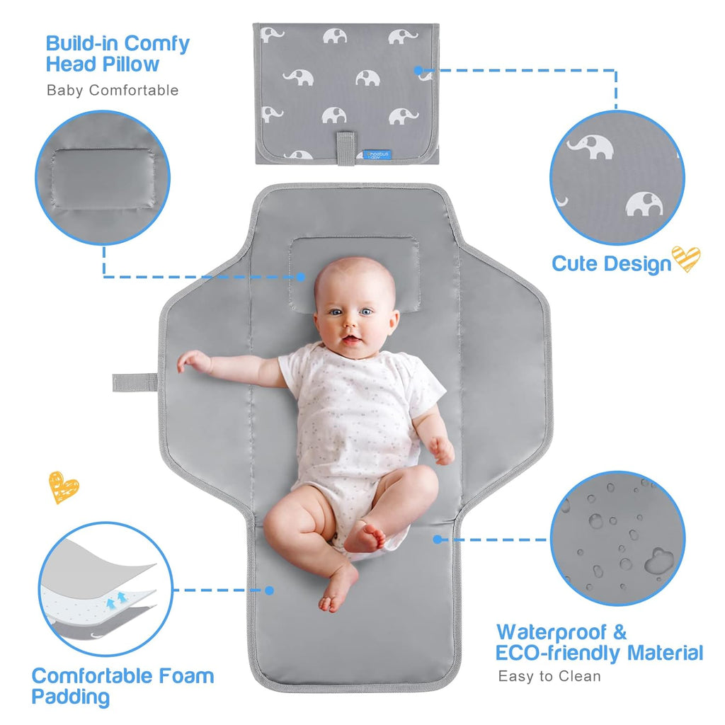 Portable Changing Pad Travel - Reusable Diaper Changing Mat with Built-in Pillow - Lightweight & Foldable Changing Station(Cute Elephant)