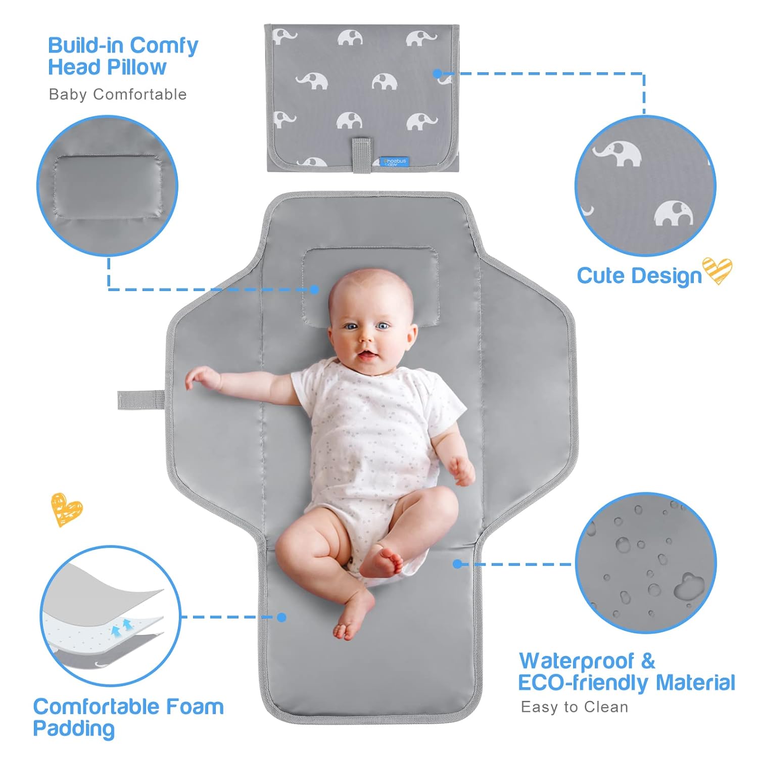 Portable Changing Pad Travel - Reusable Diaper Changing Mat with Built-in Pillow - Lightweight & Foldable Changing Station(Cute Elephant)