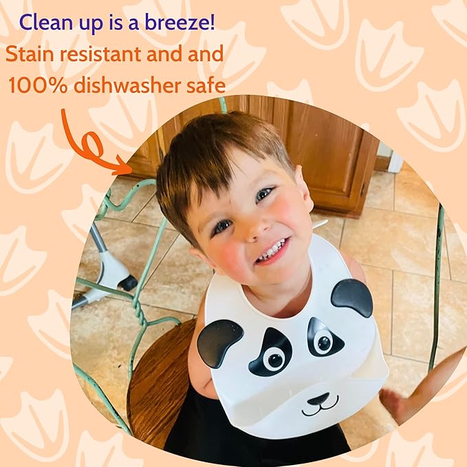 Silly Goose Set of 2 Silicone Animal Baby Bibs for Babies and Toddlers, Waterproof, Adjustable, Soft, Extra Wide Food Catcher Pocket (2PK Panda+Bear)-BubblyBeeBaby