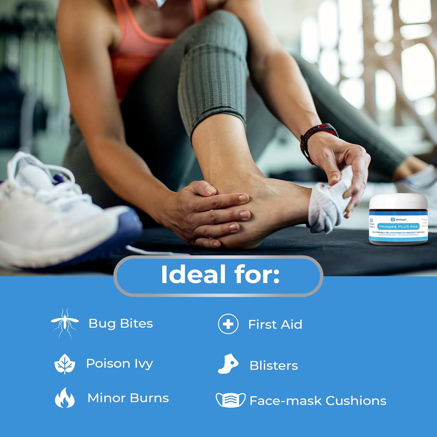 Hexagels Plus Aloe Vera - Advanced Healing Hydrogel Pads for Blister Prevention & Soothing Burn Care - Foot, Heel, Toe, & Ankle Protection, Pack of 50, 1-Inch Patches, Original Formula