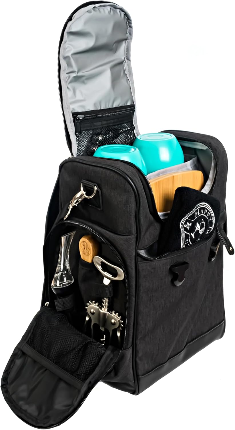 Happy Grapes Wine Tote Bag Set - Insulated Wine Carrier with 2 Stainless Steel Tumblers, Aerator, Charcuterie Board & Knife, Bottle Stoppers, Opener & Wash Cloth - for Picnics Beach Patio Pool Camp t