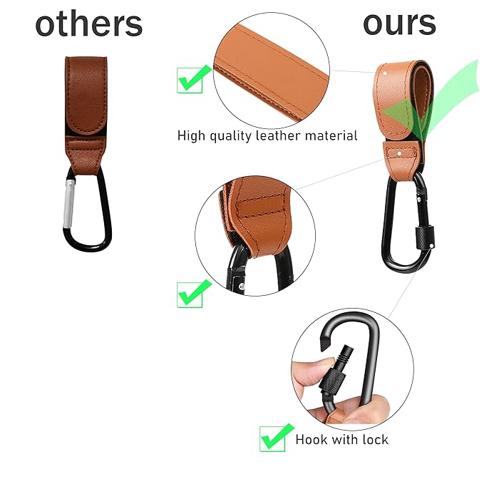 3 Pcs Baby Stroller Hook, Carry 20 lbs per Stroller Carabiner Clip, Adjustable Baby Stroller & Car Seat Hook for Hanging Diaper Bag, Wheelchair, Shopping and Pet Cart(Leather)-BubblyBeeBaby
