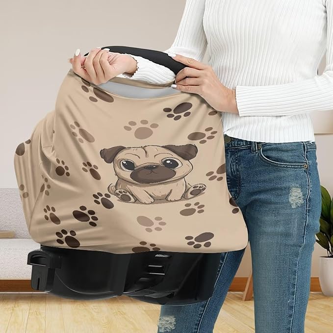 Binienty Brown Dog Paw Prints Infant Carseat Canopy for Boys Girls - Pug Animal Stretchy Breathable Soft Infants Stroller Cover Cozy Car Seat Covers-BubblyBeeBaby