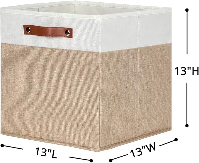 HNZIGE Fabric Baskets for Organizing 13x13 Storage Cubes, Set of 4 Fabric Foldable Canvas Storage Bins for Shelves, Cloth Storage Bins for Cube Organizers Toy Nursery Closet Bedroom?Beige&White?-BubblyBeeBaby