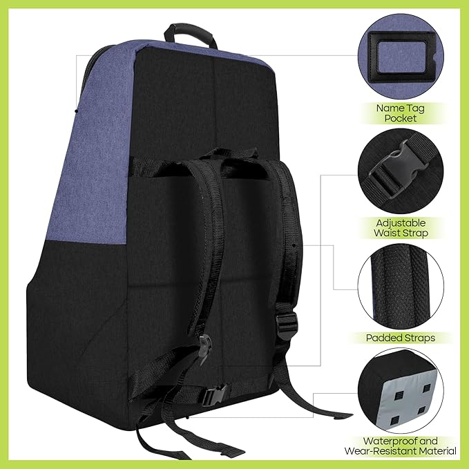 Padded Car Seat Travel Bag for Airplane, Heavy Duty Backpack for Air Travel, Water-Resistant Carrier with Shoulder Strap, Fits Most Car Seats (Blue+Black)-BubblyBeeBaby
