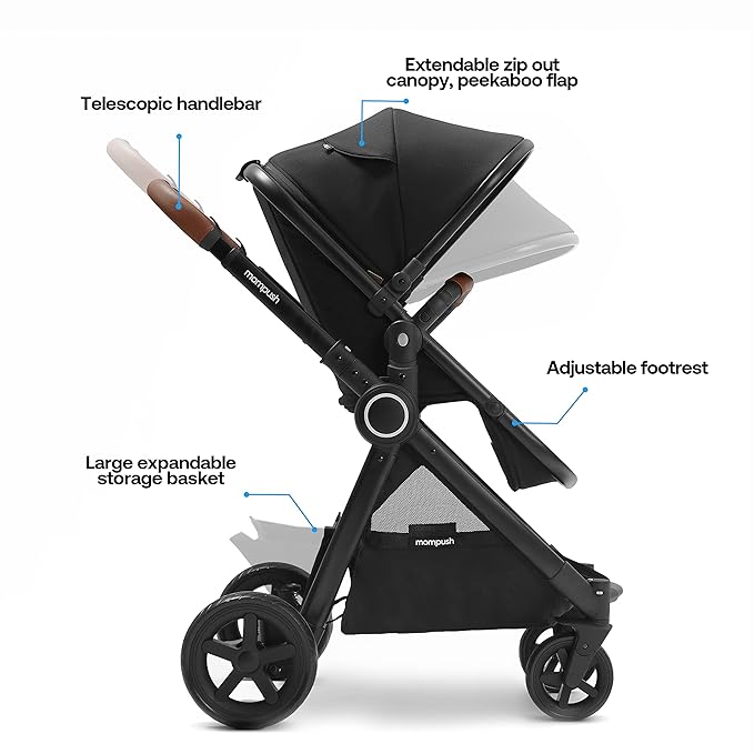 Mompush Ultimate2 Baby Stroller, Premium Convertible Full-Size Stroller for Toddler, Reversible Seat with One Hand Recline Adjustment, Car Seat Adapter Included-BubblyBeeBaby