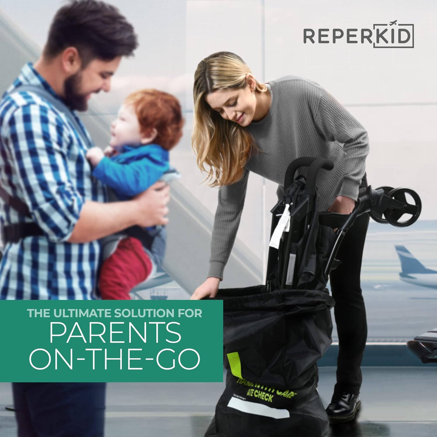 reperkid Umbrella Stroller Bag for Airplane Travel, Black and Green, 47" H x 15" W x 12" D, Fits Most Single and Double Umbrella Strollers – Premium Waterproof Cover, Adjustable Shoulder Strap