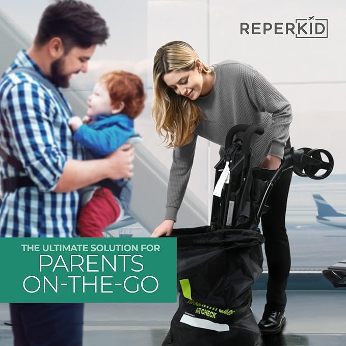 reperkid Umbrella Stroller Bag for Airplane Travel, Black and Green, 47" H x 15" W x 12" D, Fits Most Single and Double Umbrella Strollers – Premium Waterproof Cover, Adjustable Shoulder Strap-BubblyBeeBaby