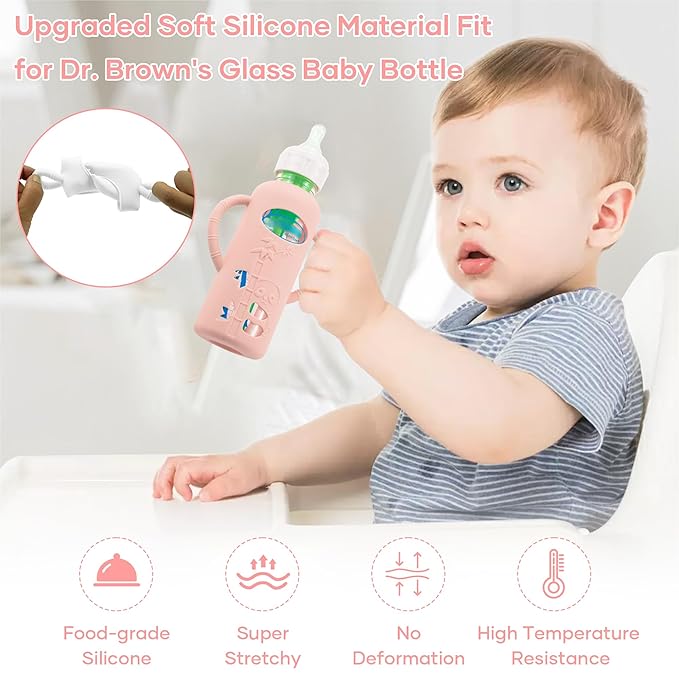 2 Pack Silicone Sleeves for Dr. Brown's Glass Baby Bottles, Anti Breakage Durable Baby Bottle Holder with Easy Grip Handles, Narrow Sleeve with a Cutout, Dishwasher/Freezer/Microwave Safe, 8 oz-BubblyBeeBaby