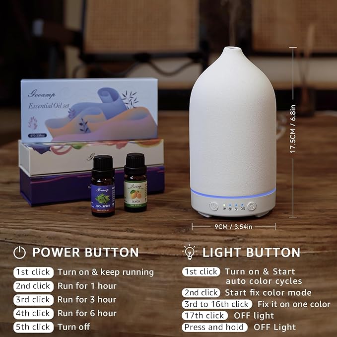 200ML Ceramic Essential Oil Diffuser - Ultrasonic Aromatherapy & Humidifier with 7-Color LED Lights, Auto Shut-Off, White, 1H/3H/6H Timer | Scent for Home,Office,Yoga-BubblyBeeBaby
