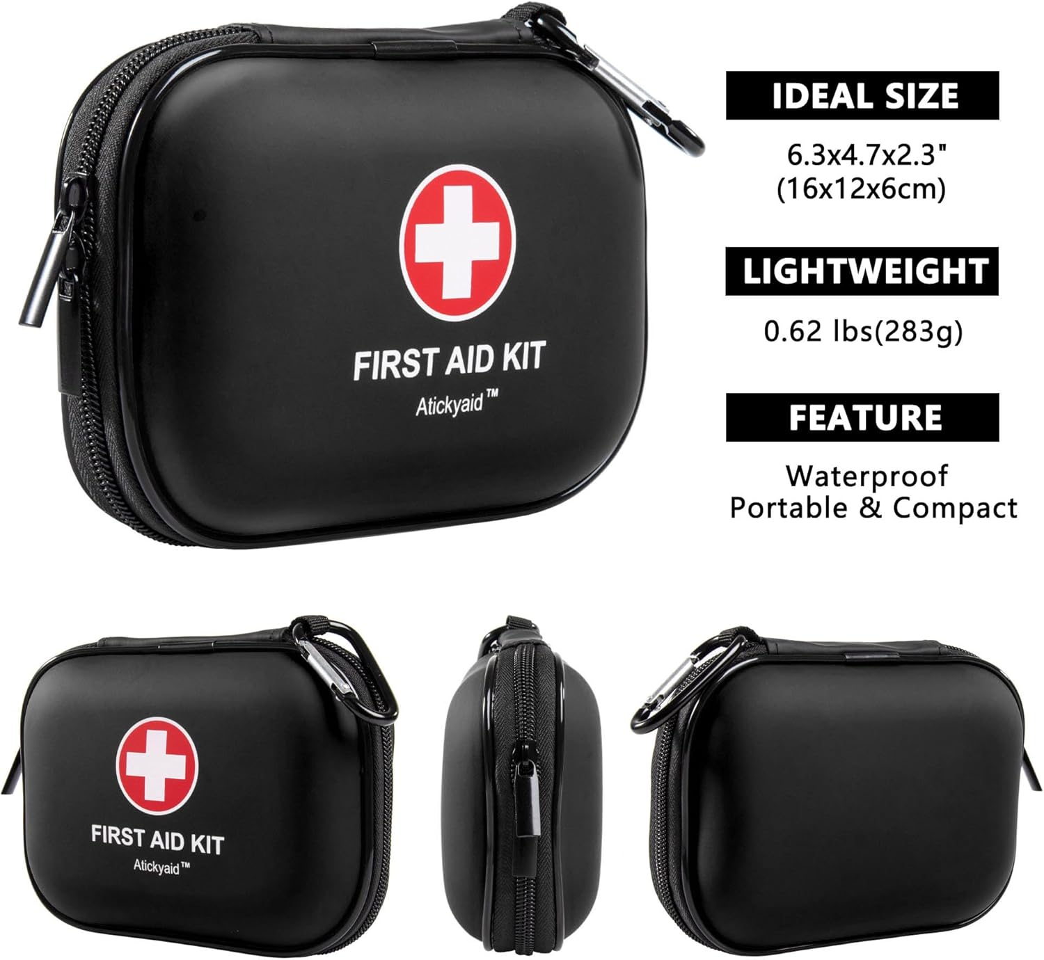 Mini First Aid Kit - 120 Piece Small Waterproof Hard Shell Medical Kit for Car, Home, Office, Travel, Camping, Sports, Outdoor, School - Emergency First Aid Supplies and Survival Kit (Black)