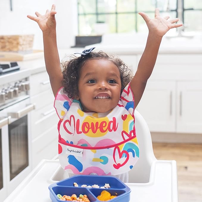 Tiny Twinkle Mess Proof Baby Bibs for Eating - Waterproof, Wipeable Bibs - Toddler Bibs - Travel Friendly - PFAS, PVC, BPA, Phthalate Free - Baby Food Bibs(3 Pack, Loved Girl)-BubblyBeeBaby