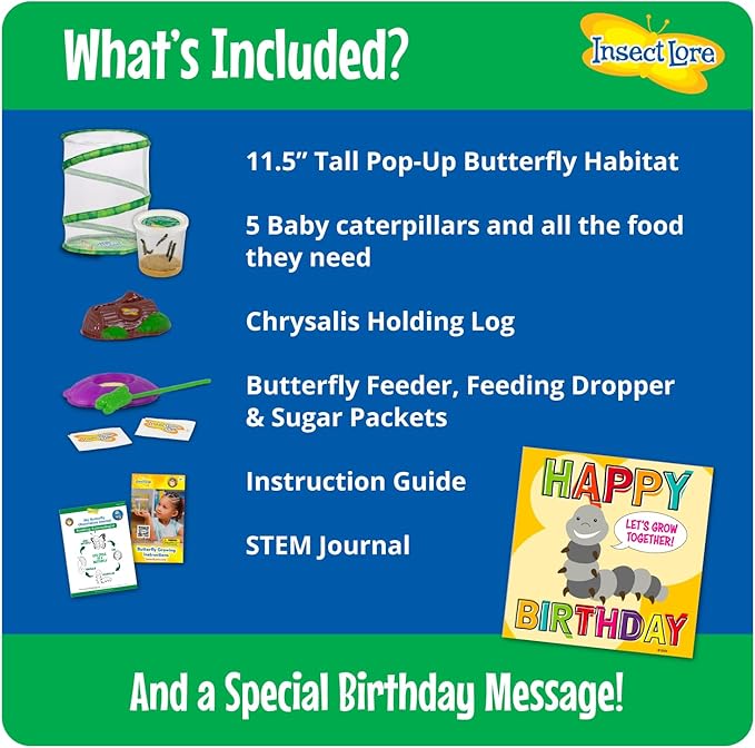 Insect Lore Butterfly Garden with Giant Birthday Card - 5 Live Baby Caterpillars, STEM Activity Journal, Habitat, Chrys-A-Lid Holder, Feeder - Raise and Release Painted Lady Butterflies-BubblyBeeBaby