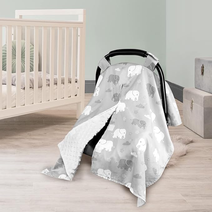 TANOFAR Car Seat Cover Baby, Carseat Covers Baby Boy Girl, Peekaboo Opening Infant Car Seat Cover for Winter, Warm & Cozy, Grey Elephant-BubblyBeeBaby