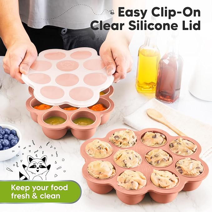 KeaBabies Silicone Food Freezer Trays with Lid, 2oz x 10 Pods Baby Food Storage Containers, Easy Puree Meal Prep, Breast Milk Silicone Freezer Molds, Dishwasher,Microwave Safe,BPA-Free(Roseate)-BubblyBeeBaby