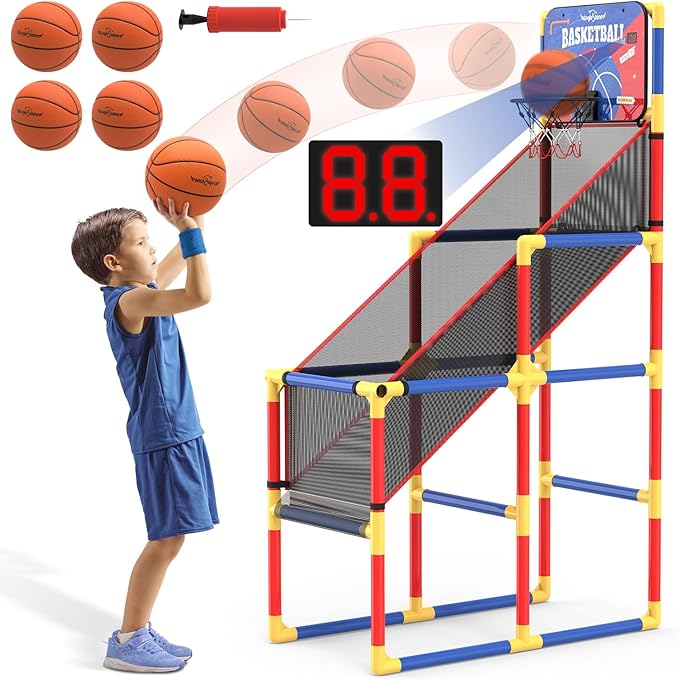 Kids Arcade Basketball Game with Electronic Scoreboard and Cheer Sounds, Indoor Outdoor Basketball Hoop with 4 Balls, Game Toy Gift for Ages 3-12 Boys and Girls-BubblyBeeBaby