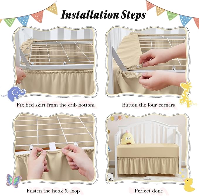 Horbaunal 2 Pack Set Crib Skirt & Crib Bed Sheet, Khaki Crib Bed Skirt 28" x 52" with 14" Drop Dust Ruffle, Soft Microfiber Toddler Bedskirt Nursery Bedding Skirt for Baby Girls and Boys-BubblyBeeBaby