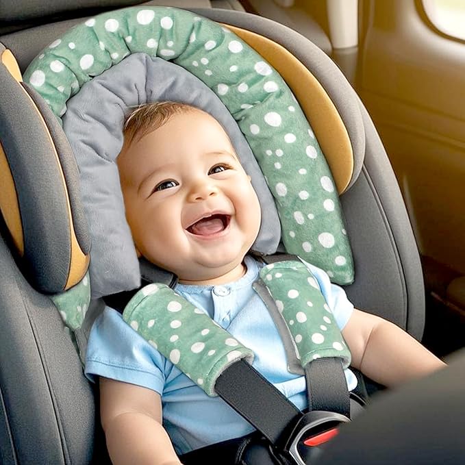 Baby Car Seat Head Support for Newborn, GFU 2 in 1 Infant Car Seat Head Body Support with Strap Pads, Soft Stroller Cushion Pillow Insert for Girls and Boys, Fits for Stroller, Swing, Green-BubblyBeeBaby