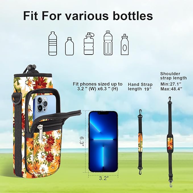 25/32/40/64oz Water Bottle Bag Holder Carrier-Insulated Crossbody Sling Case Sleeve with Strap & Pockets for Men Women Gym Cycling Travel Walking Hiking Camping-BubblyBeeBaby