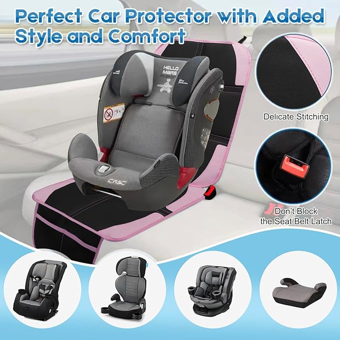 Child Car Seat Protector, 2 Pack with Mesh Pockets & Non-Slip Backing, 600D Durable (Pink, Standard)-BubblyBeeBaby