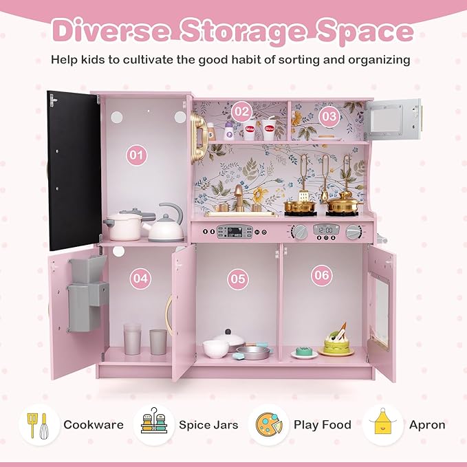 HONEY JOY Kids Kitchen Playset, Wooden Little Chef Pretend Toy Kitchen Set w/Chalkboard, Telephone, Utensils, Oven, Microwave, Sink, Storage, Play Kitchen for Toddlers Boys Girls, Pink Flower-BubblyBeeBaby