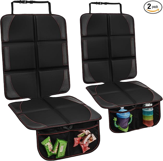 Car Seat Protector 2 Pack Baby Car Seat Covers with Mesh Pockets & Non-Slip Backing 600D Durable Seat Protector Under Baby Car Seat (Black & Red, Large)-BubblyBeeBaby