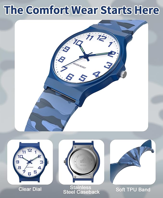 Kids Analog Watch Boys Girls, 30M Waterproof, Sports Watch for Boys, Easy to Read Children's Thin Dial Wrist Watches with Soft Band, for Ages 5-15 Kids Great Birthday Gifts Christmas Day-BubblyBeeBaby