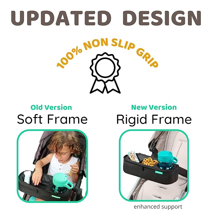 Universal Stroller Tray with Insulated Sippy Cup Holder - Upgraded Rigid Frame Stays Upright - Exclusive Non Slip Straps Firmly Grip Stroller Bar. Universal Stroller Snack Tray Attachment-BubblyBeeBaby
