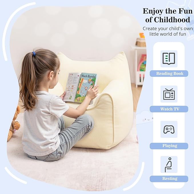 HOMMPA Bean Bag Chair for Kids Stuffed Toddler Bean Bag Sofa with Pocket Filler Cat Shaped Bean Bag Chair Boys and Girls Baby Lazy Floor Sofa Chair for Gaming Reading Playing Beige-BubblyBeeBaby