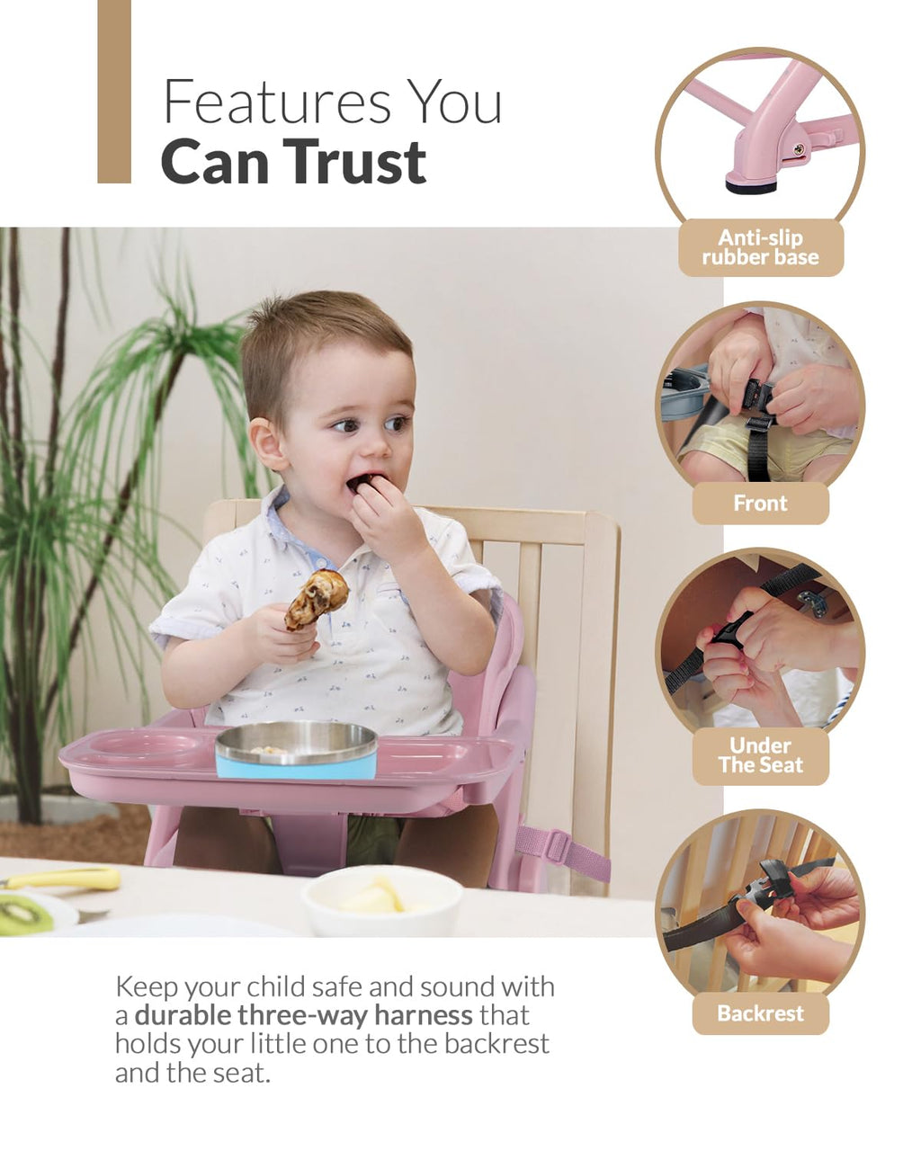 Feed Me 3-in-1 Travel High Chair Booster Seat for Infants and Toddlers - Transitional, Compact & Fits Any Chair, Swivel Tray, Rose Tea