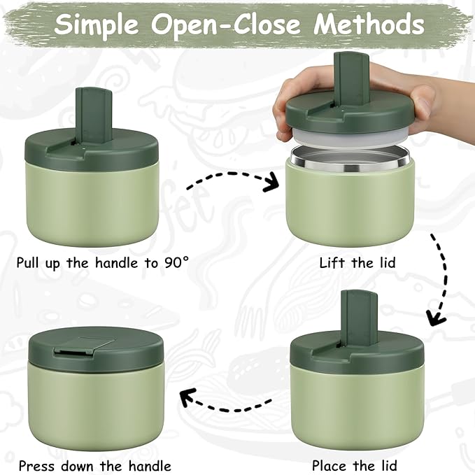 12oz Insulated Vacuum Food Jar with Buckle Lid Wide Mouth Soup Thermo for Hot Food Kids Leakproof Stainless Steel Lunch Container- Green- 1Pack-BubblyBeeBaby