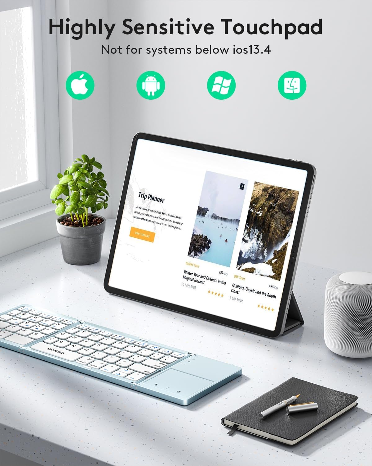 Samsers Multi-Device Foldable Bluetooth Keyboard with Touchpad, Rechargeable Dual-Mode(2.4G+BTx2) Wireless Keyboard with Holder, Portable Folding Keyboards for Android Windows iOS Mac OS - Blue