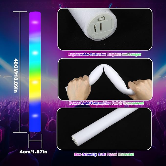 100-Count Foam Glow Sticks Party Pack - 4 Colors, Steady Bright Light Up Sticks for Weddings, Birthdays, Christmas, Halloween | Foam Glow Sticks Bulk Reusable, 6-Hr Glow, Eco-Friendly Foam-BubblyBeeBaby