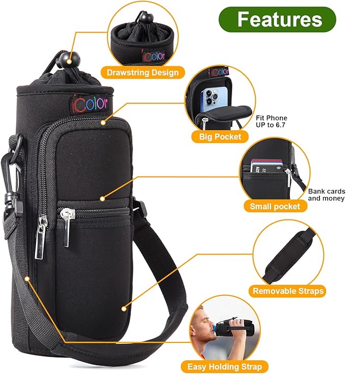 icolor Water Bottle Carrier Bag with Strap 25/32/40 oz Crossbody Bottle Holder with Phone Pocket Sling Sleeve Insulated Neoprene Water Bottle Pouch for Walking Travelling-BubblyBeeBaby