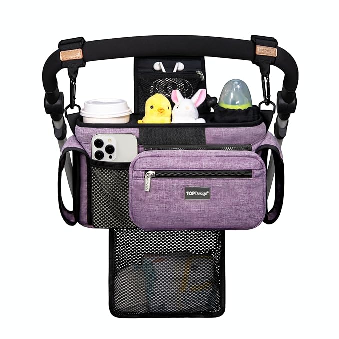 TOPDesign Universal Baby Stroller Organizer, Stroller Caddy with Detachable Mesh Bag & Heightened Insulated Cup Holders & Non-Slip Secure Hooks Accessories, Fits Most Strollers (Purple)-BubblyBeeBaby