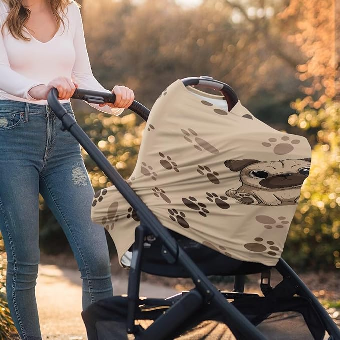 Binienty Brown Dog Paw Prints Infant Carseat Canopy for Boys Girls - Pug Animal Stretchy Breathable Soft Infants Stroller Cover Cozy Car Seat Covers-BubblyBeeBaby