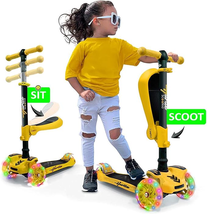 Hurtle 3-Wheeled Scooter for Kids - Wheel LED Lights, Adjustable Lean-to-Steer Handlebar, and Foldable Seat - Sit or Stand Ride with Brake for Boys and Girls Ages 1-14 Years Old-BubblyBeeBaby