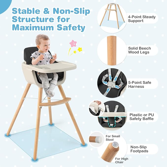 HONEY JOY Baby High Chair, 6-in-1 Eat & Grow Wooden Highchair/Toddler Chair with Removable Tray, 5-Point Harness, PU Cushion and Footrest, Convertible High Chair for Babies and Toddlers(Black)-BubblyBeeBaby