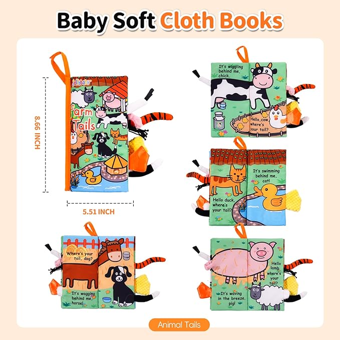 Jollybaby Baby Cloth Books, Touch & Feel Crinkle Soft Books, for Infants Babies, Toddler Early Educational Interactive Stroller Toys, Baby Girl & Boy Gift(Farm Tails)-BubblyBeeBaby