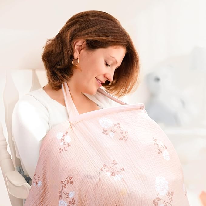 2 Pack Muslin Cotton Nursing Cover for Breastfeeding, Privacy Breathable Breastfeeding Cover Cover up with Arch Neckline for Mom, 100% Cotton Nursing Apron, Floral and Pink-BubblyBeeBaby