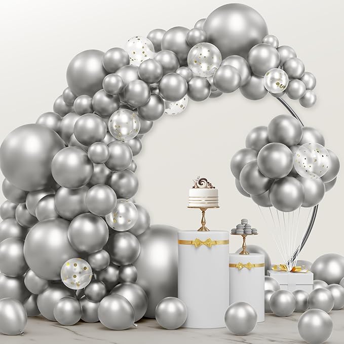 JOYIN 150 Pcs Metallic Silver Balloons, Different Sizes 18 12 10 5 Inch Silver Latex Balloon Arch Kit with Instruction for Birthday Party Graduation Wedding Holiday Decoration-BubblyBeeBaby