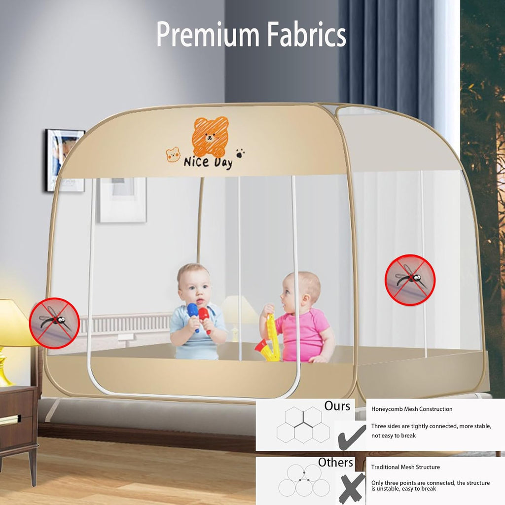 CMINGJ Mosquito Net for Bed, Portable pop up Mosquito Netting with Bottom, Free Installation-Suitable for Bedroom, Camping, Folding Portable Design for Baby Adults (Orange Bear) L79 x W71 x H61