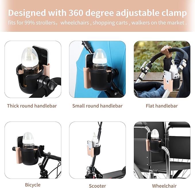Accmor Stroller Cup Holder with Phone Holder, Bike Cup Holder, Universal Cup Holder for Uppababy Nuna Doona Strollers, 2-in-1 Cup Phone Holder for Stroller, Bike, Wheelchair, Walker, Scooter-BubblyBeeBaby