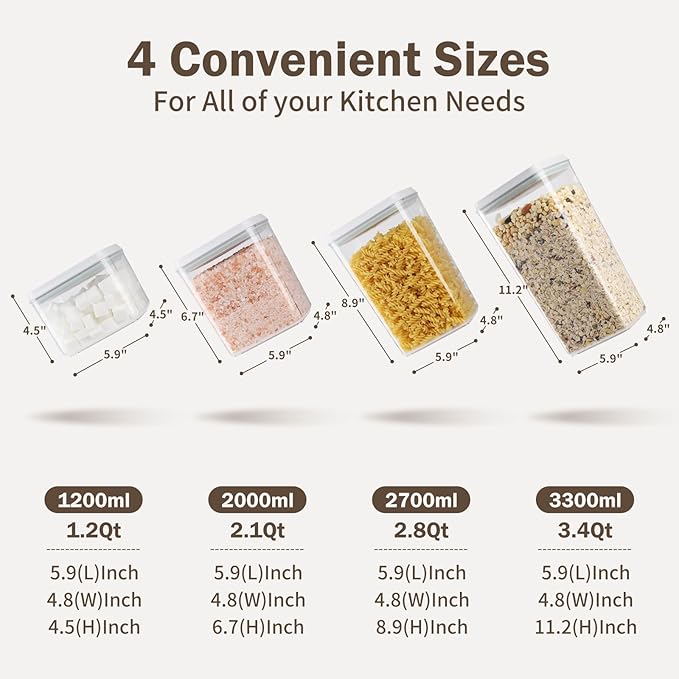 12 Pcs Pop Food Storage Containers Airtight Food Storage Containers Set with Lids Kitchen Pantry Organization and Storage, 3.4Qt, 2.8Qt, 2.1Qt, 1.2Qt-BubblyBeeBaby