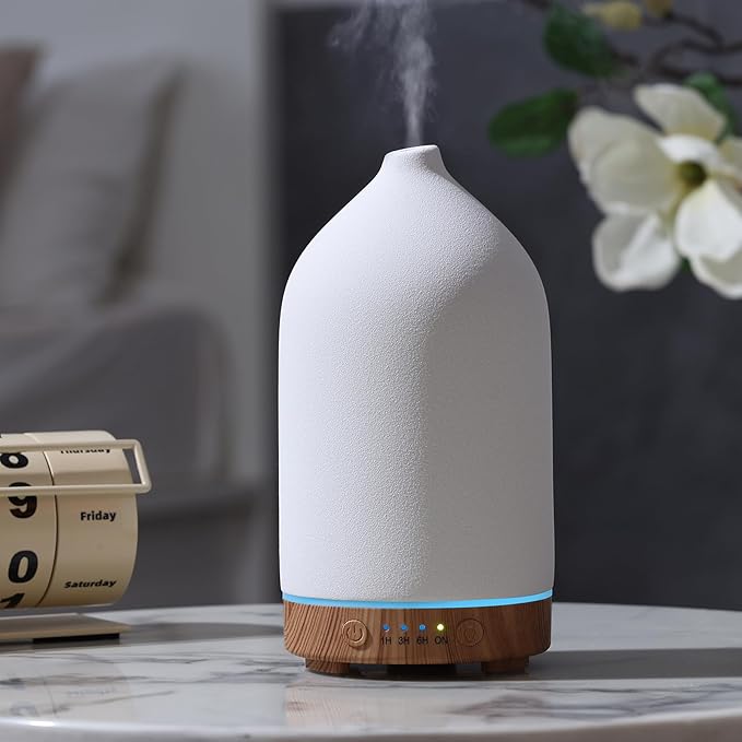 200ML Ceramic Essential Oil Diffuser - Ultrasonic Aromatherapy & Humidifier with 7-Color LED Lights, Auto Shut-Off, Wood Grain Base, 1H/3H/6H Timer | Scent for Home, Office, Yoga-BubblyBeeBaby
