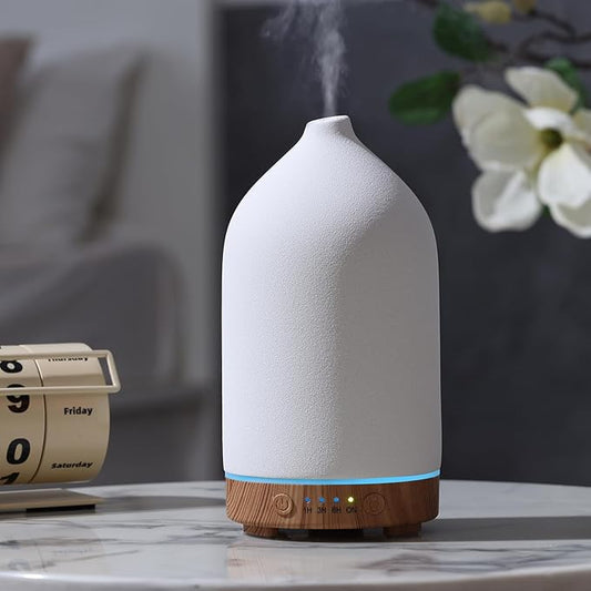 200ML Ceramic Essential Oil Diffuser - Ultrasonic Aromatherapy & Humidifier with 7-Color LED Lights, Auto Shut-Off, Wood Grain Base, 1H/3H/6H Timer | Scent for Home, Office, Yoga-BubblyBeeBaby