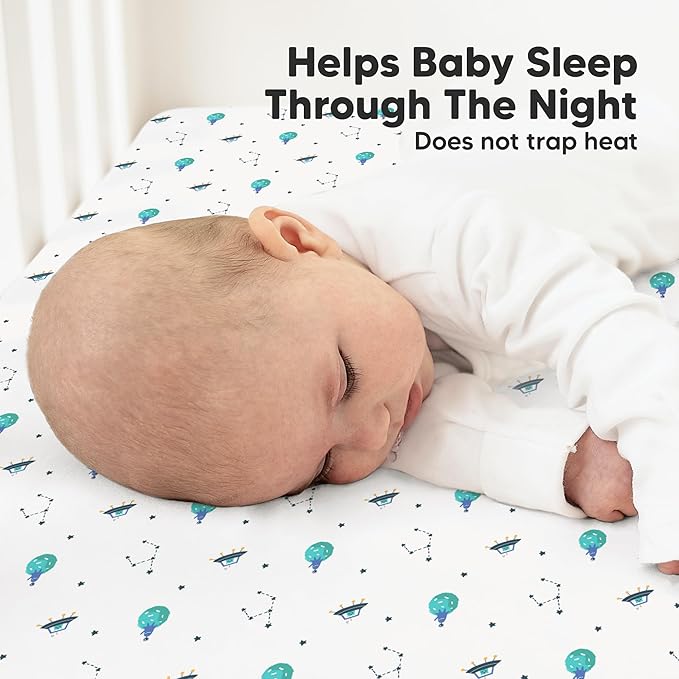 KeaBabies 2-Pack Organic Crib Sheets for Boys, Girls - 52x28 Fitted Crib Mattress Sheet Neutral, Breathable Jersey Cotton Cover for Baby Bed, Toddler Mattress, Soft & Cute Prints (Space Quest)-BubblyBeeBaby
