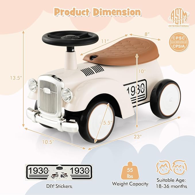 HONEY JOY Ride On Push Car, Outdoor Toddler Riding Toys w/Steering Wheel, Horn & Storage, Foot-to-Floor Sliding Car, No Batteries, Retro Baby Ride On Toys for Boys and Girls (White)-BubblyBeeBaby